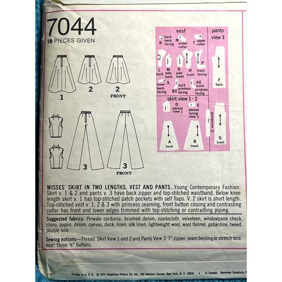 Simplicity 7044 Sewing pattern A line skirt wide leg pants vest 1970s size 10 - Picture 4 of 5